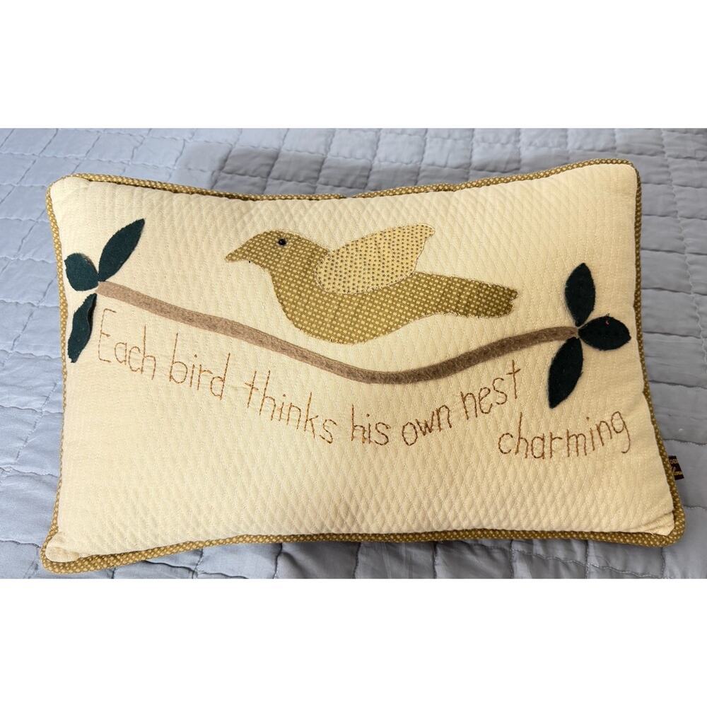Sharon Andrews Folk Art Pillow Bird Easthill Comforting Quilted 12x20